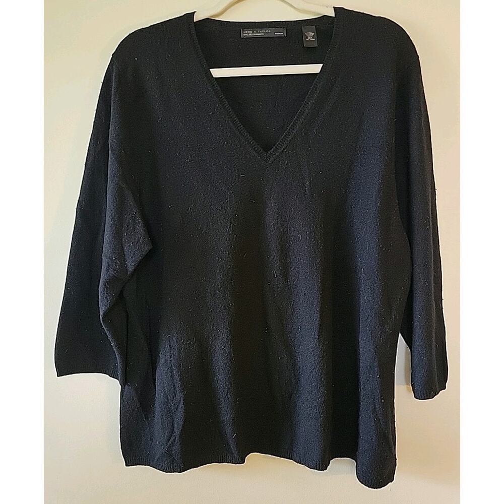 Lord & Taylor Cashmere Sweater Blk 2X V-Neck Academia Minimalist 3/4 Sleeves